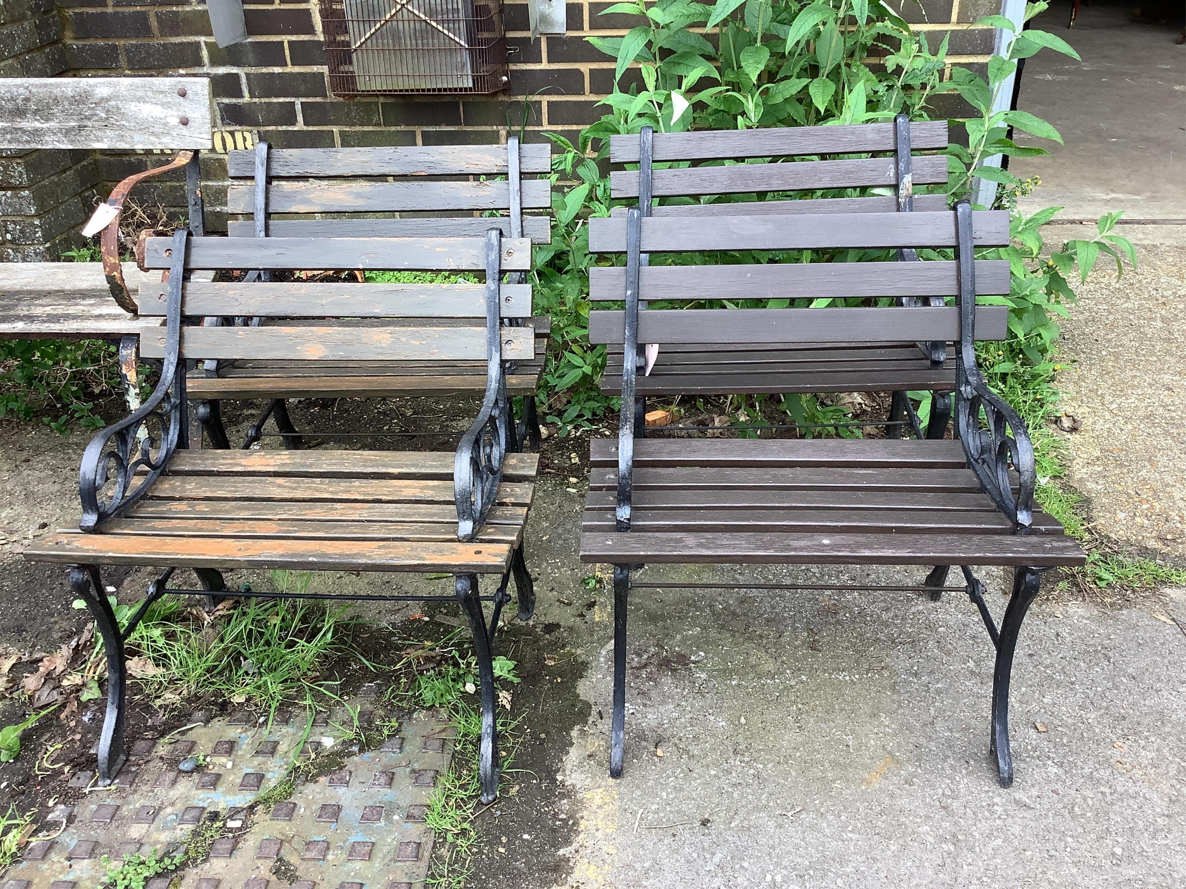 A set of four Victorian style painted aluminium slatted garden chairs, width 66cm, depth 50cm, height 65cm